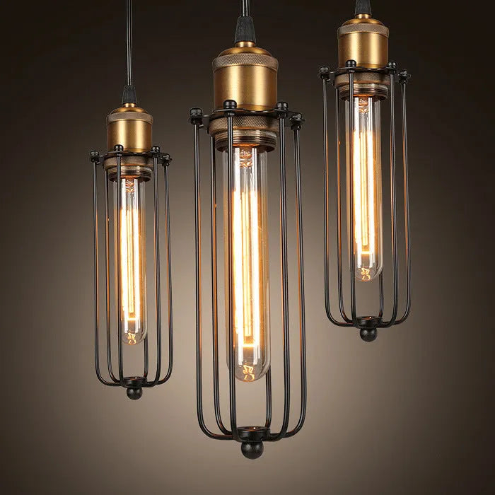 Brown Nordic retro style iron chandelier with a fishing line shape hanging from a ceiling.