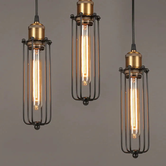 Brown Nordic retro style iron chandelier with a fishing line shape hanging from a ceiling.