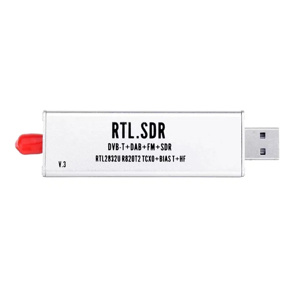 Black metal A300U all-band software-defined radio SDR receiver with golden SMA connector.