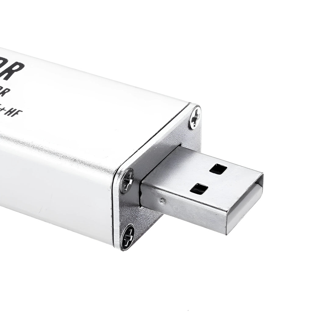 Black metal A300U all-band software-defined radio SDR receiver with golden SMA connector.