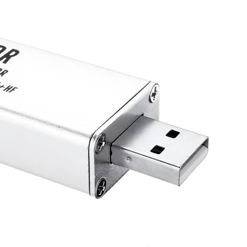 Black metal A300U all-band software-defined radio SDR receiver with golden SMA connector.