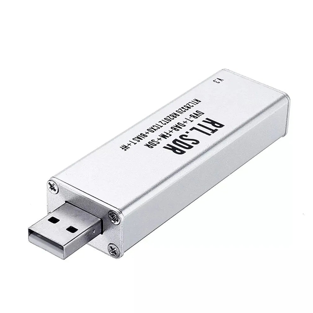 Black metal A300U all-band software-defined radio SDR receiver with golden SMA connector.