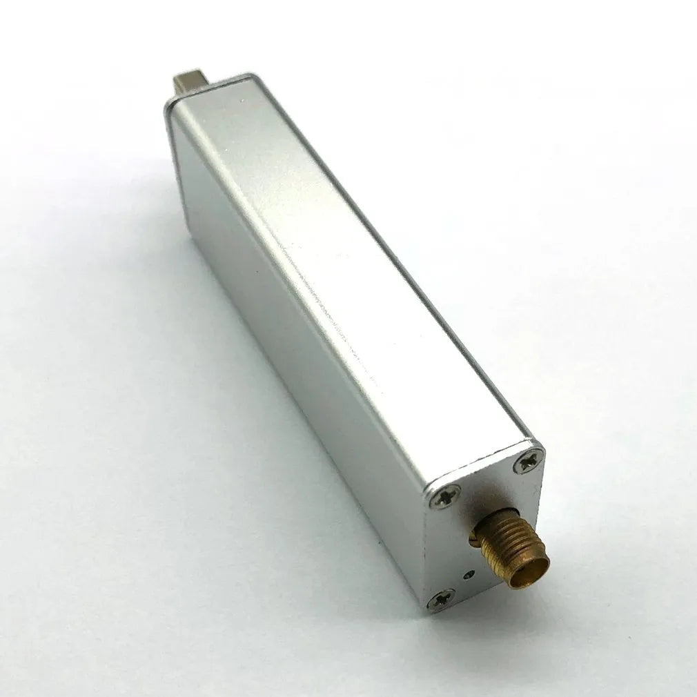 Black metal A300U all-band software-defined radio SDR receiver with golden SMA connector.