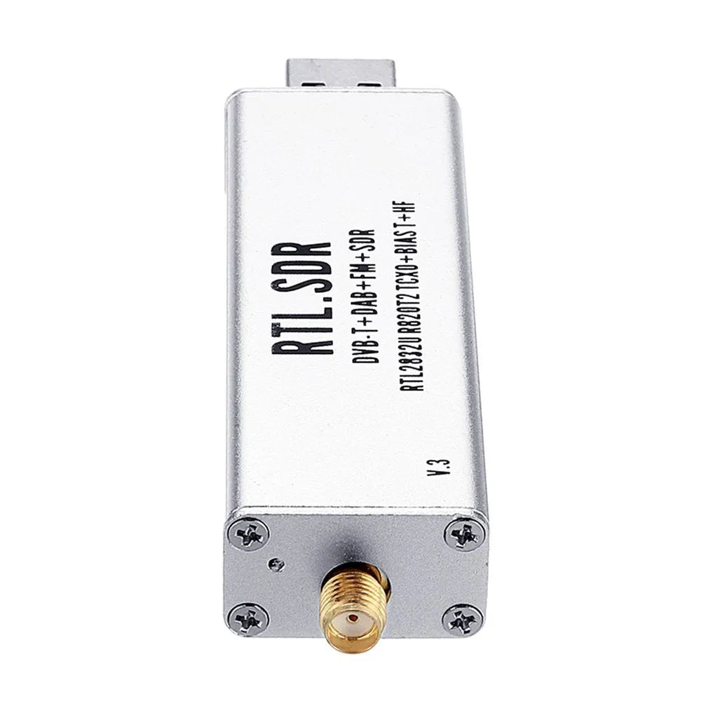 Black metal A300U all-band software-defined radio SDR receiver with golden SMA connector.