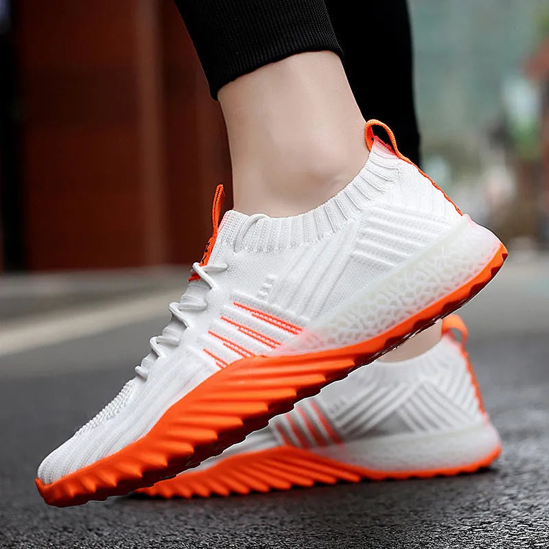 Flying woven mesh breathable sneakers white orange L9008 flat rubber sole