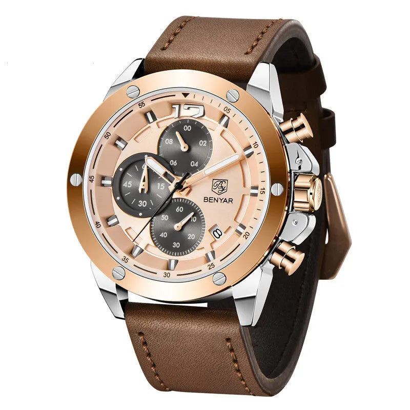 STRYVE men's quartz watch with 46mm round dial, genuine leather strap, and stainless steel buckle