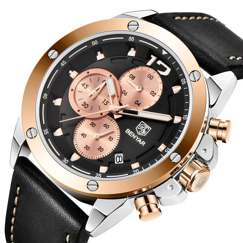 STRYVE men's quartz watch with 46mm round dial, genuine leather strap, and stainless steel buckle