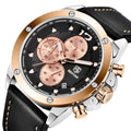 STRYVE men's quartz watch with 46mm round dial, genuine leather strap, and stainless steel buckle