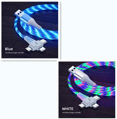 Three-in-one fast charging cable with luminous alloy connectors showing Type-C and Micro USB ends