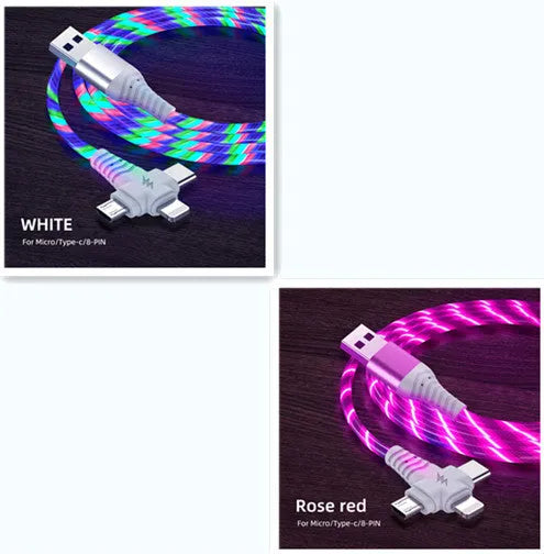 Three-in-one fast charging cable with luminous alloy connectors showing Type-C and Micro USB ends