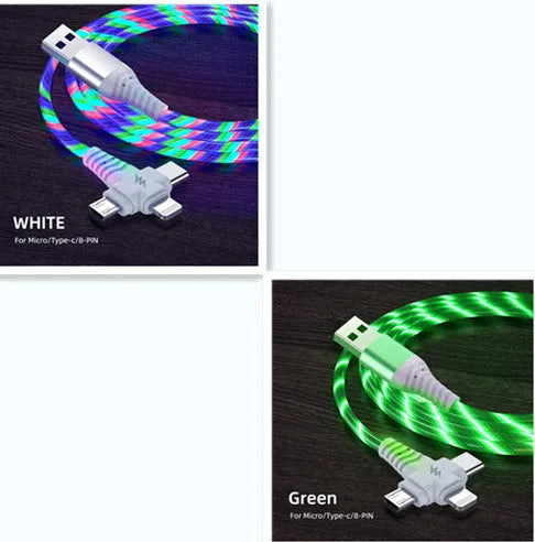 Three-in-one fast charging cable with luminous alloy connectors showing Type-C and Micro USB ends