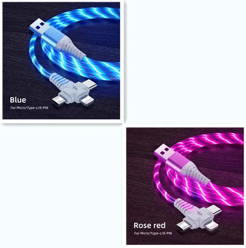 Three-in-one fast charging cable with luminous alloy connectors showing Type-C and Micro USB ends