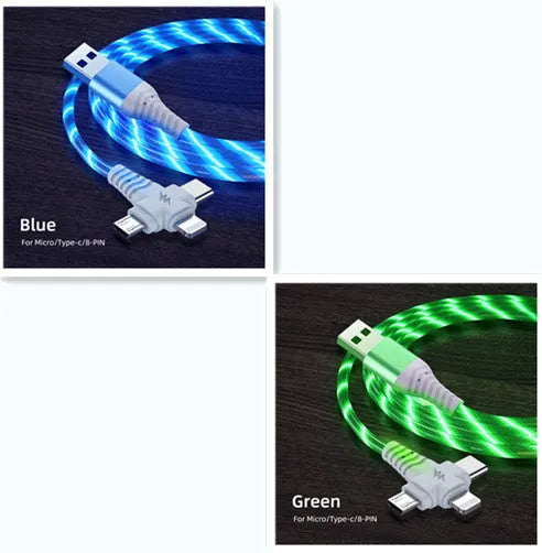 Three-in-one fast charging cable with luminous alloy connectors showing Type-C and Micro USB ends