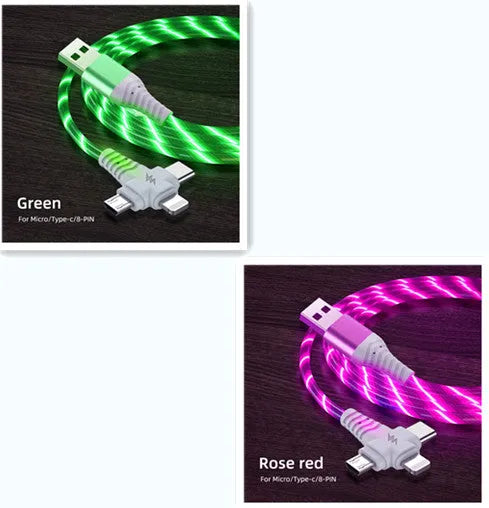 Three-in-one fast charging cable with luminous alloy connectors showing Type-C and Micro USB ends
