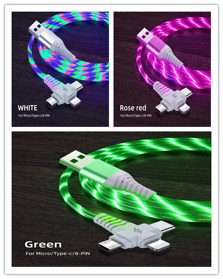 Three-in-one fast charging cable with luminous alloy connectors showing Type-C and Micro USB ends