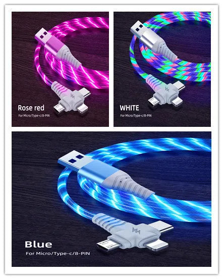 Three-in-one fast charging cable with luminous alloy connectors showing Type-C and Micro USB ends