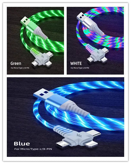 Three-in-one fast charging cable with luminous alloy connectors showing Type-C and Micro USB ends