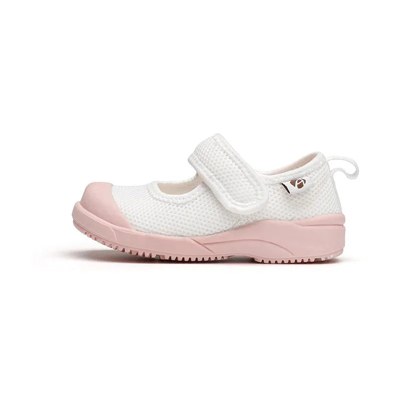 White children's cloth shoes with mesh uppers and velcro fastening for toddler boys and girls