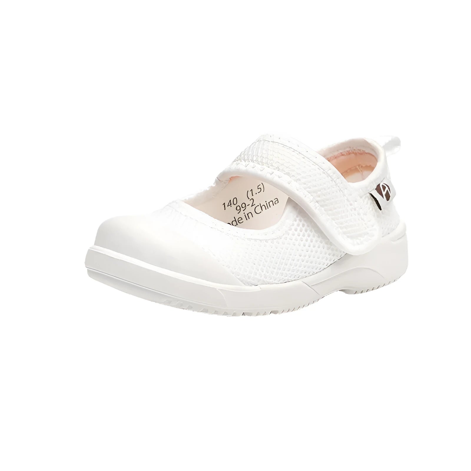 White children's cloth shoes with mesh uppers and velcro fastening for toddler boys and girls