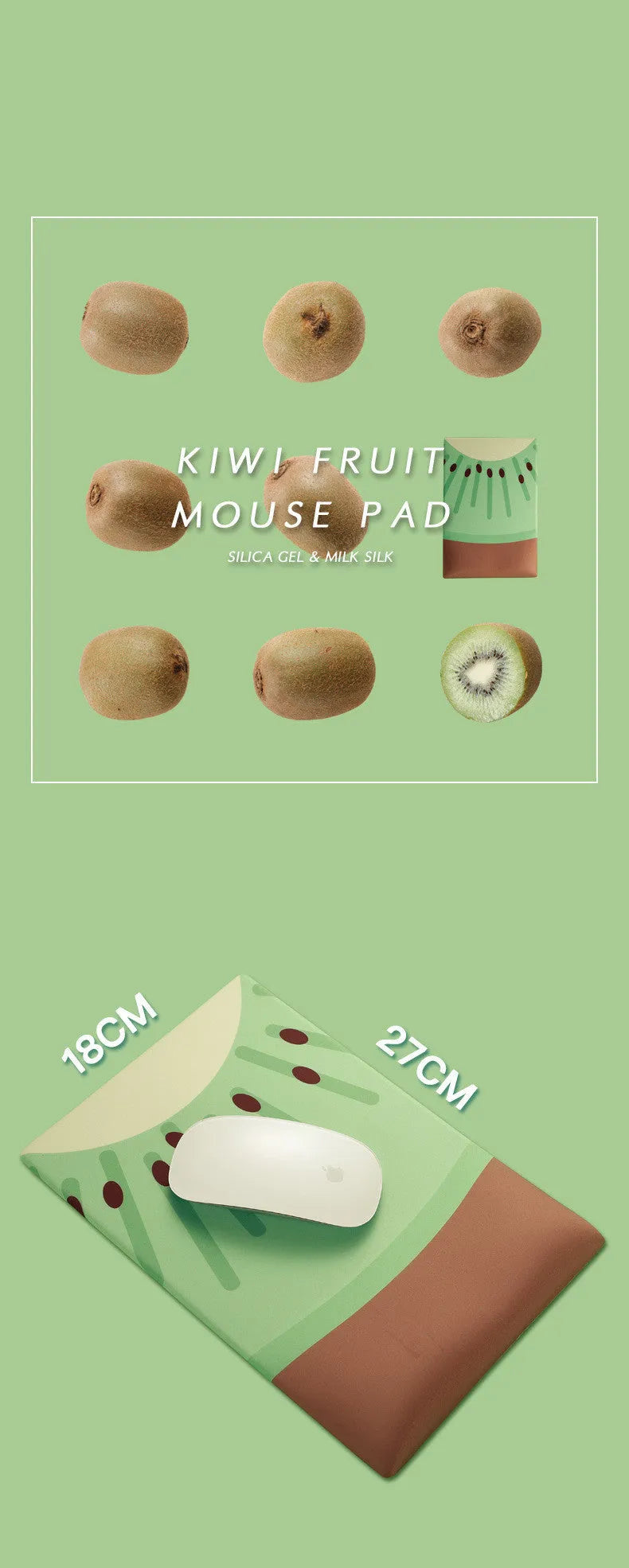 A kiwi-shaped mouse pad with a raised 20 mm thick wrist support section, shown in the colour as displayed.