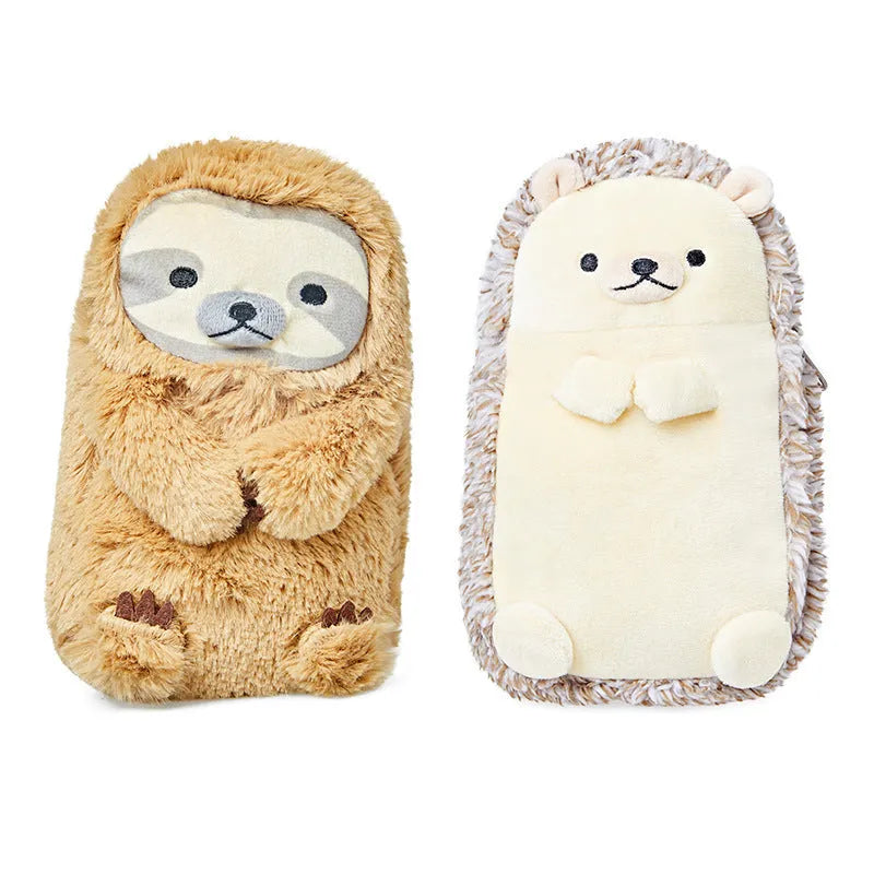 Soft velvet plush pencil case with a creative, funny character design shown in available colours.