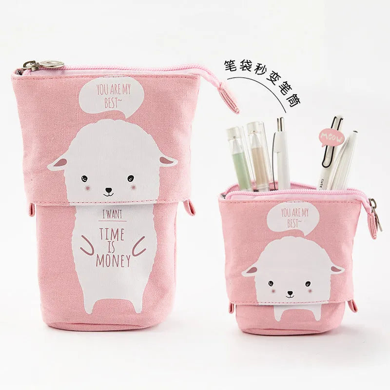 Korean-style round canvas pencil bag with cartoon pattern and zippered closure