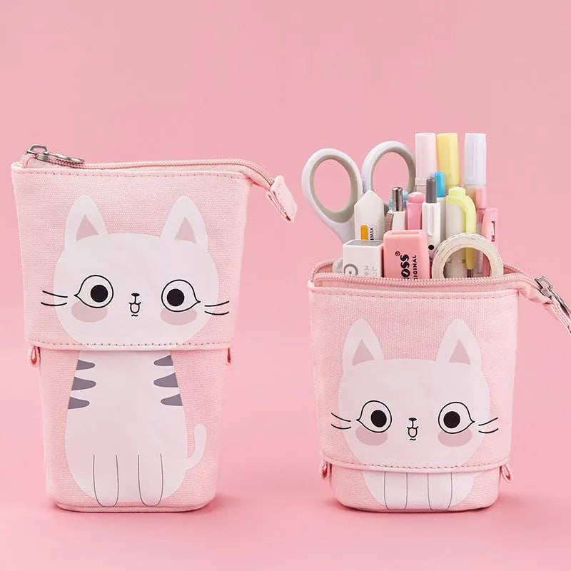 Korean-style round canvas pencil bag with cartoon pattern and zippered closure