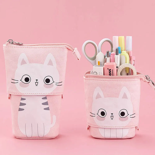 Korean-style round canvas pencil bag with cartoon pattern and zippered closure