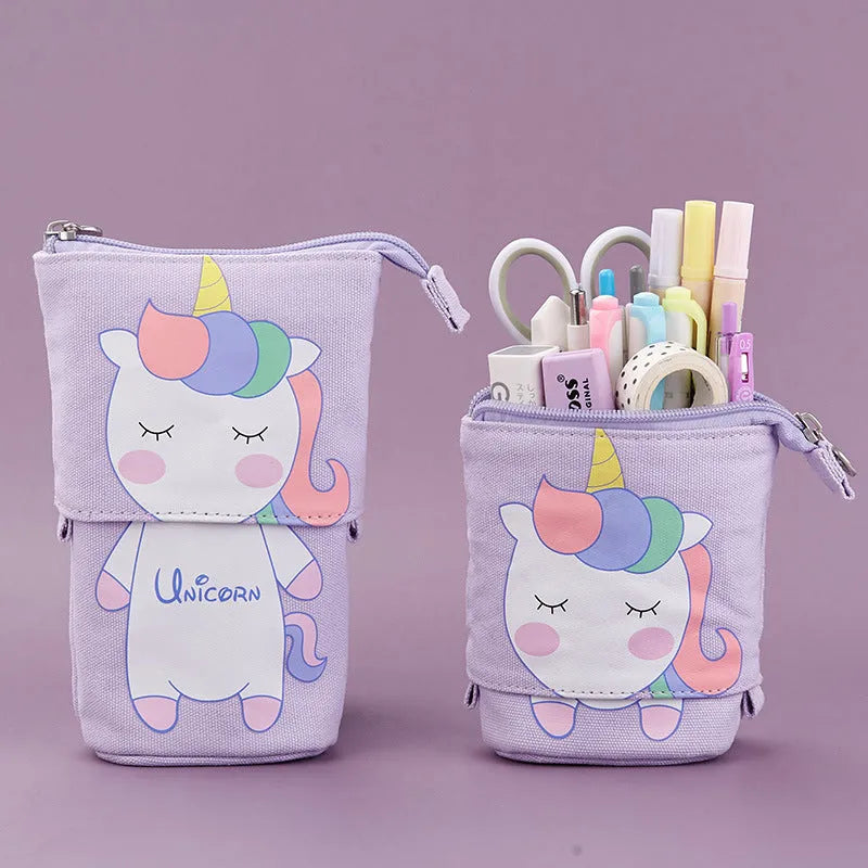 Korean-style round canvas pencil bag with cartoon pattern and zippered closure