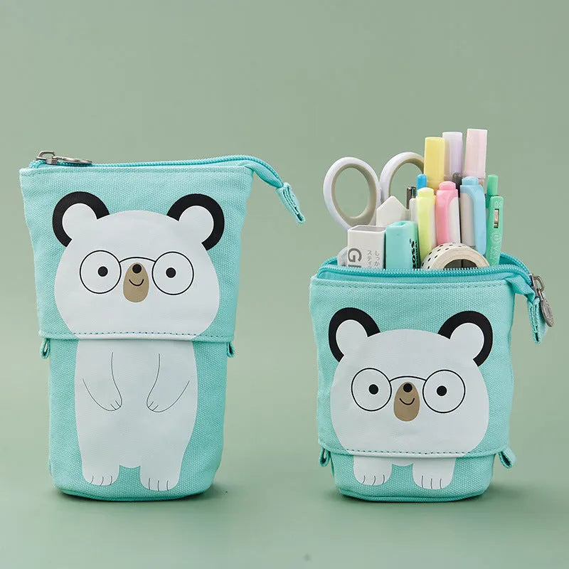 Korean-style round canvas pencil bag with cartoon pattern and zippered closure