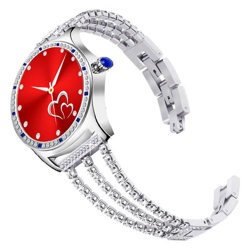 Women's smart watch with 1.28-inch screen showing health metrics, available in gold or silver with Bluetooth calling functionality
