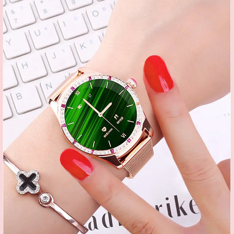 Women's smart watch with 1.28-inch screen showing health metrics, available in gold or silver with Bluetooth calling functionality