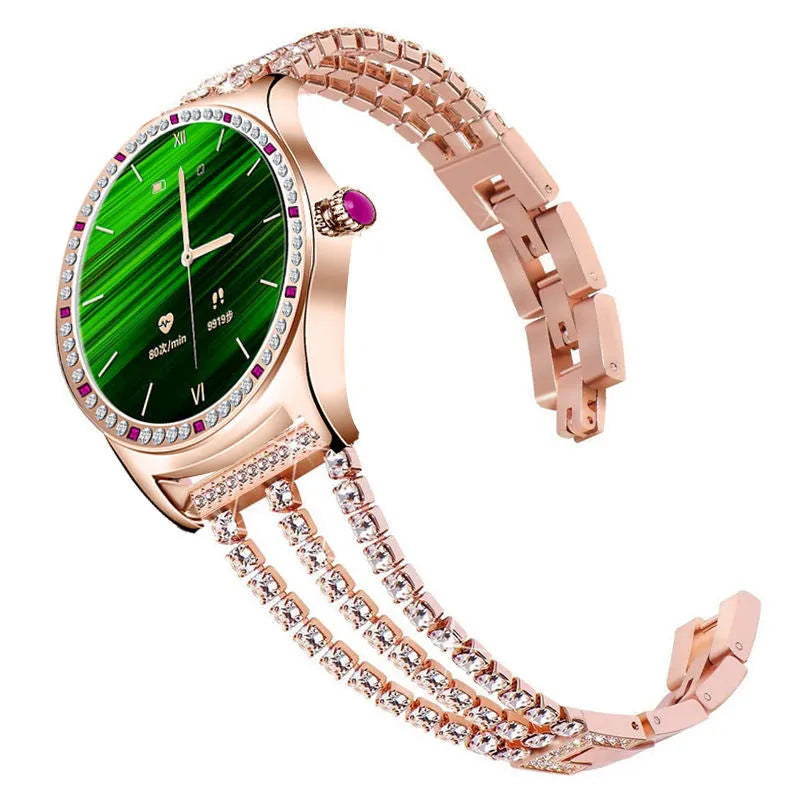 Women's smart watch with 1.28-inch screen showing health metrics, available in gold or silver with Bluetooth calling functionality