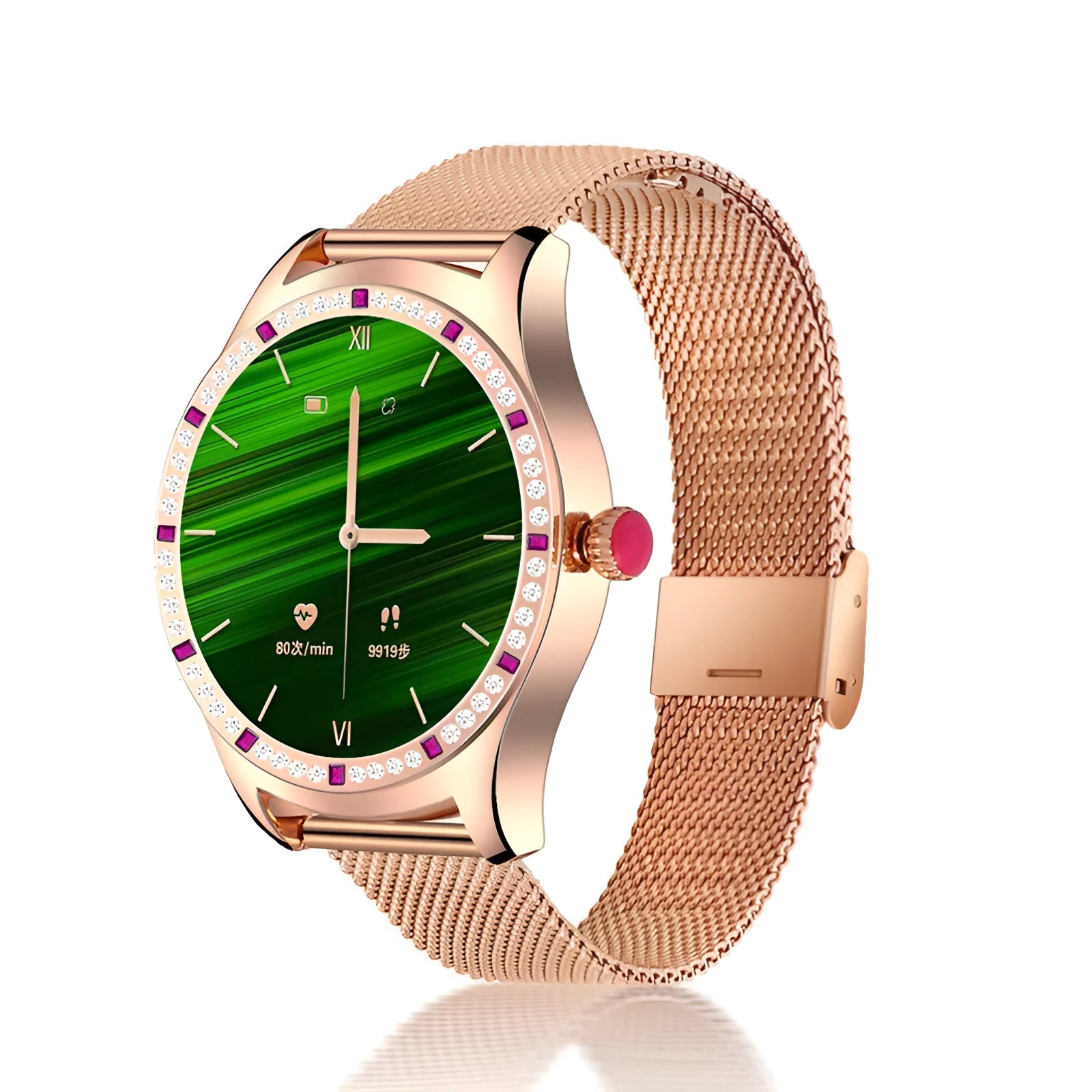 Women's smart watch with 1.28-inch screen showing health metrics, available in gold or silver with Bluetooth calling functionality