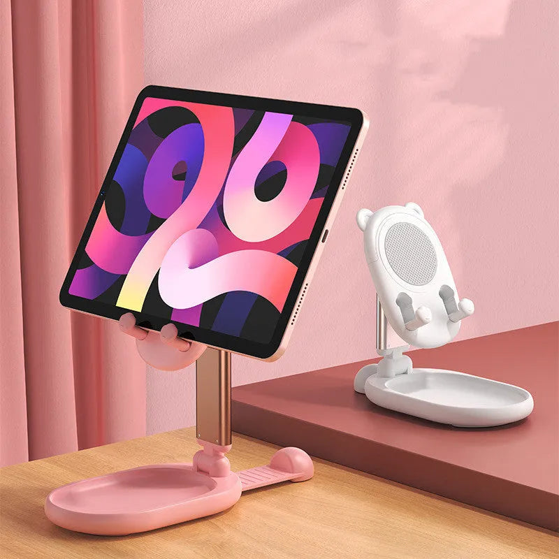 Blue adjustable desk phone and tablet stand with integrated mirror and non-slip silicone base.