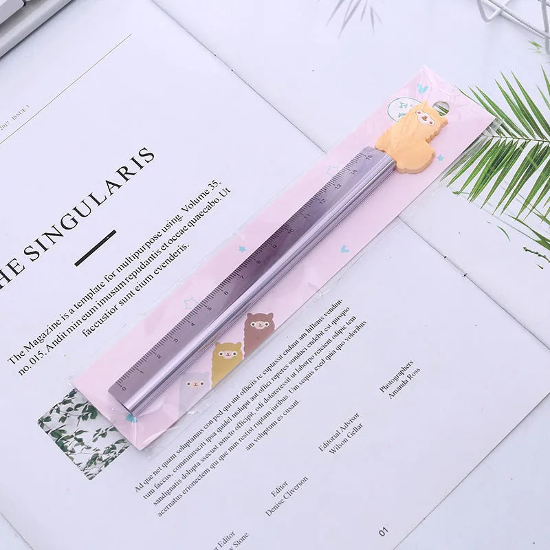 15 cm aluminium ruler with alpaca design showing straight edge and colourful pattern