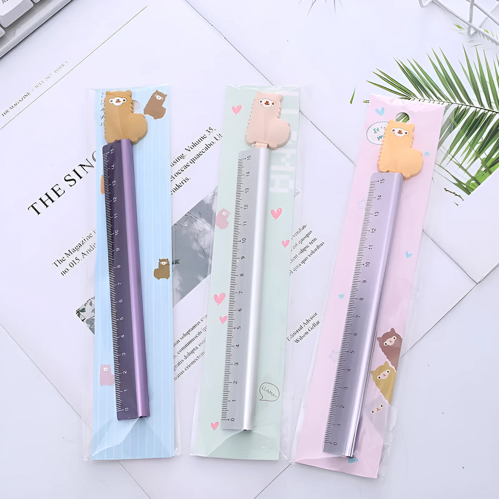 15 cm aluminium ruler with alpaca design showing straight edge and colourful pattern