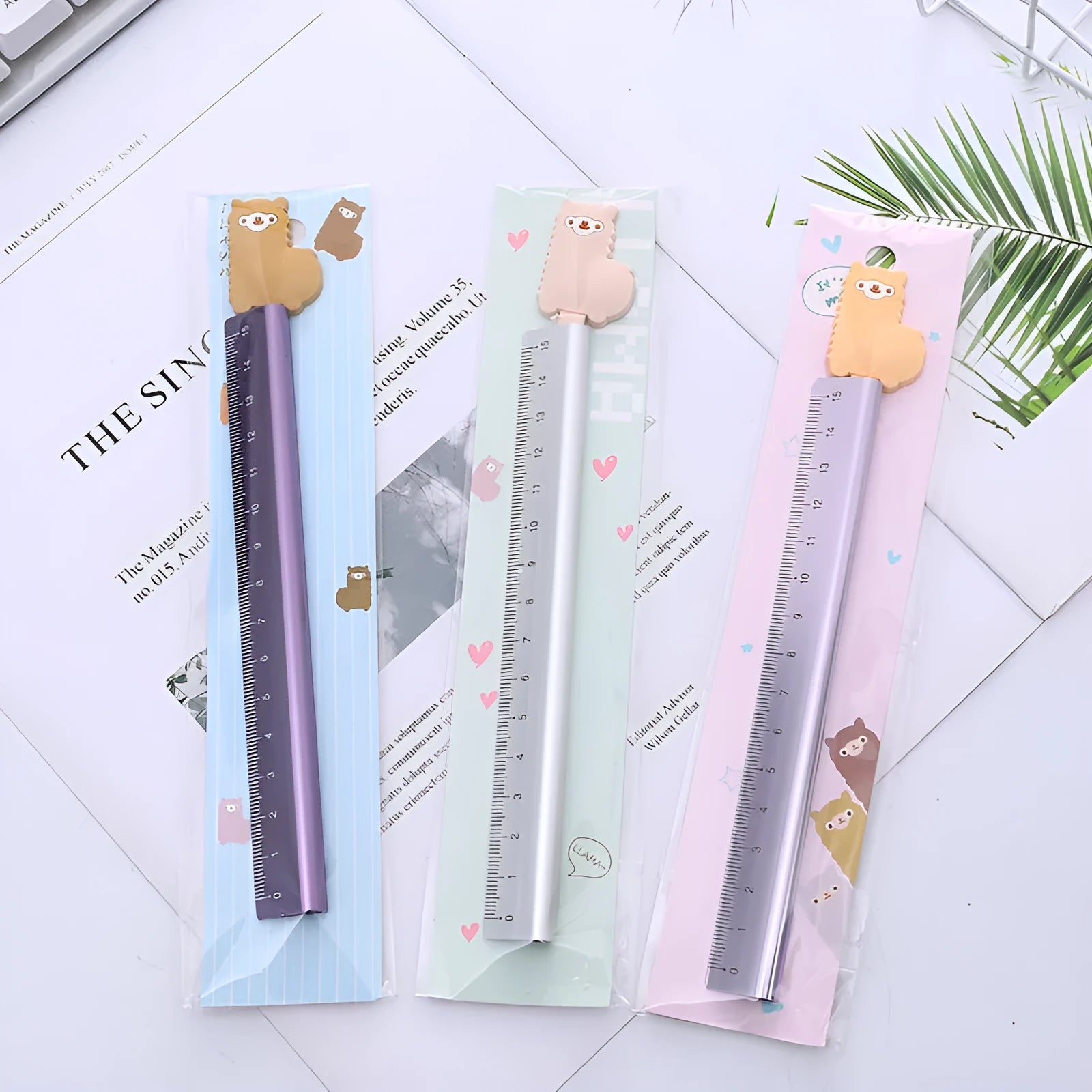 15 cm aluminium ruler with alpaca design showing straight edge and colourful pattern