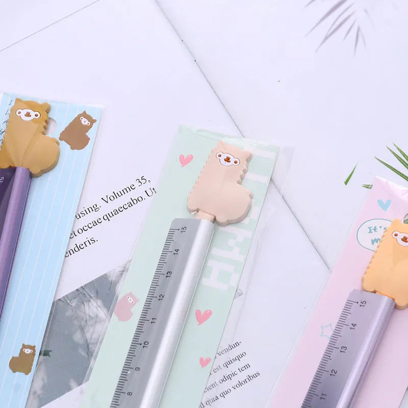 15 cm aluminium ruler with alpaca design showing straight edge and colourful pattern