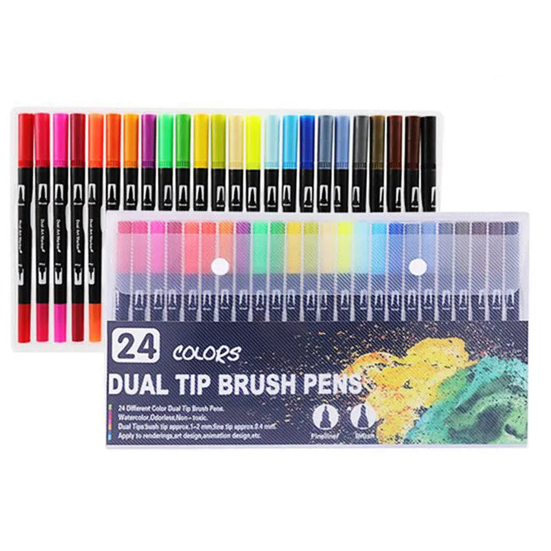 Double-ended watercolour marker set showing brush tip and fine tip with multiple bright colour options