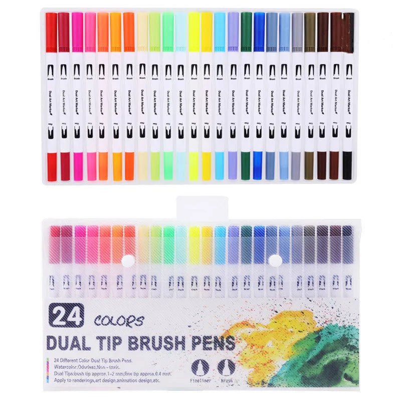 Double-ended watercolour marker set showing brush tip and fine tip with multiple bright colour options