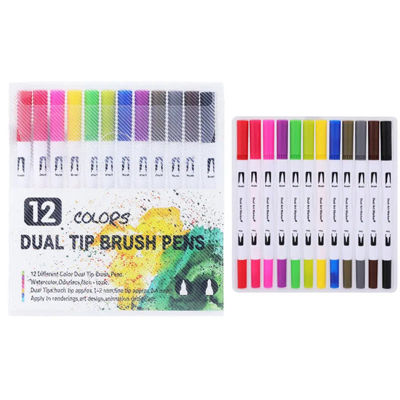 Double-ended watercolour marker set showing brush tip and fine tip with multiple bright colour options