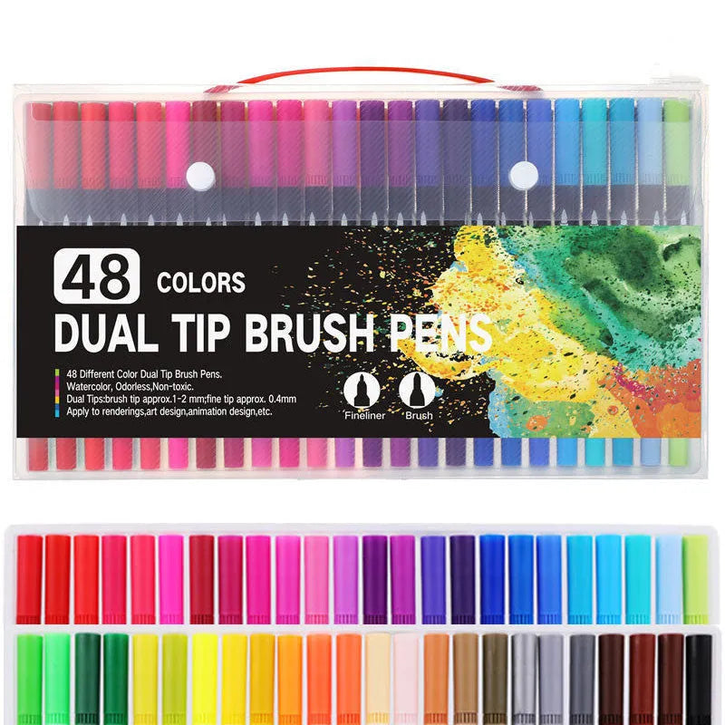 Double-ended watercolour marker set showing brush tip and fine tip with multiple bright colour options