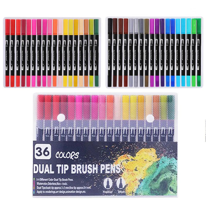 Double-ended watercolour marker set showing brush tip and fine tip with multiple bright colour options