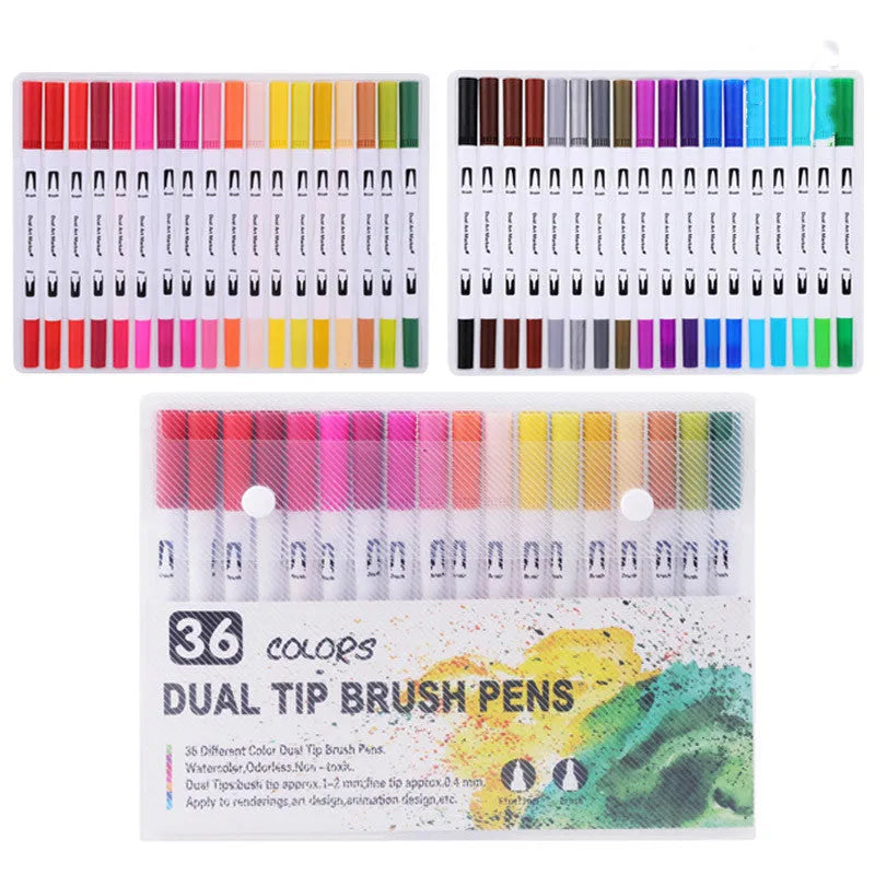 Double-ended watercolour marker set showing brush tip and fine tip with multiple bright colour options