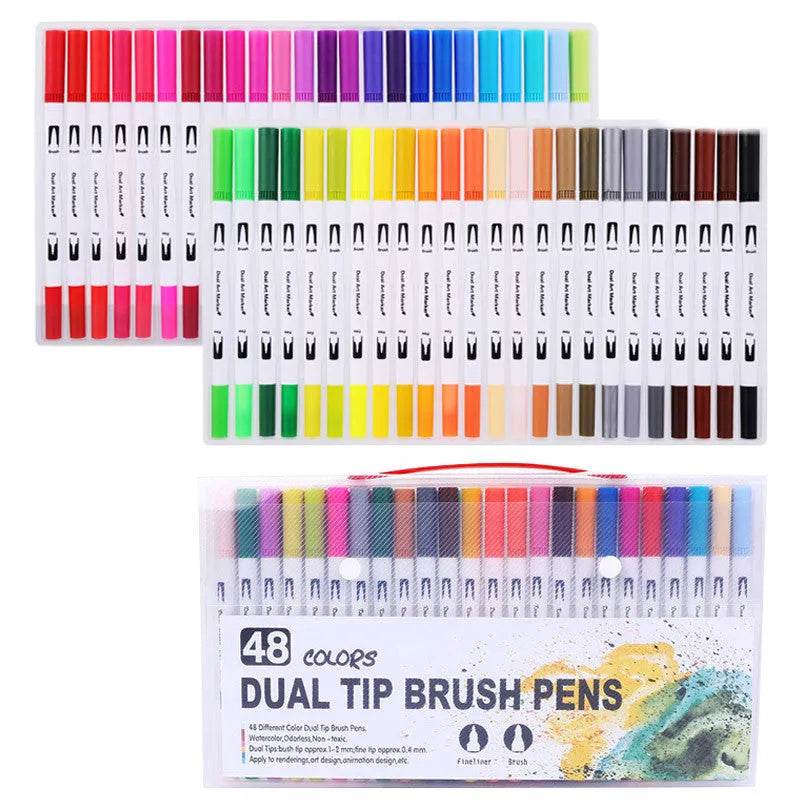 Double-ended watercolour marker set showing brush tip and fine tip with multiple bright colour options
