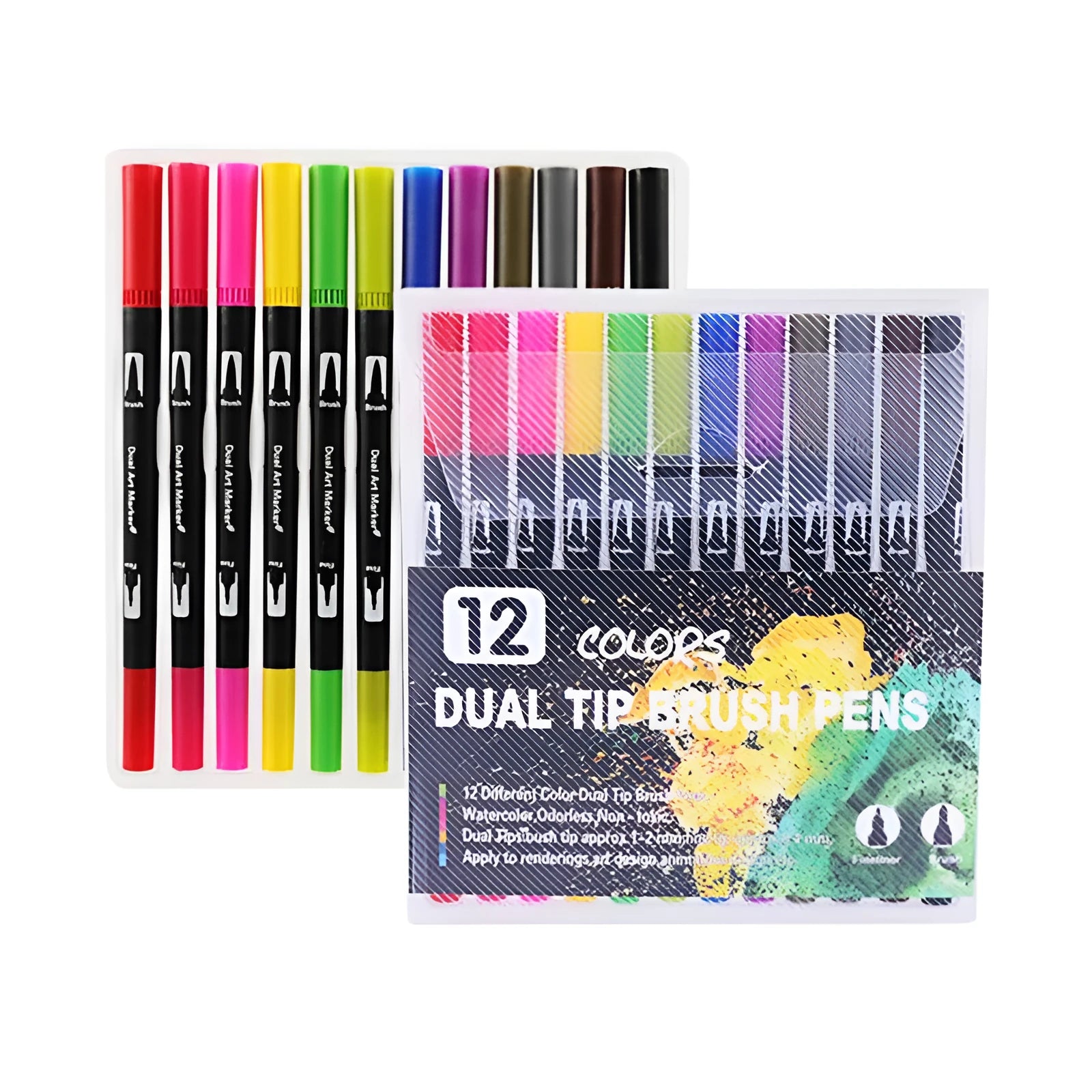 Double-ended watercolour marker set showing brush tip and fine tip with multiple bright colour options