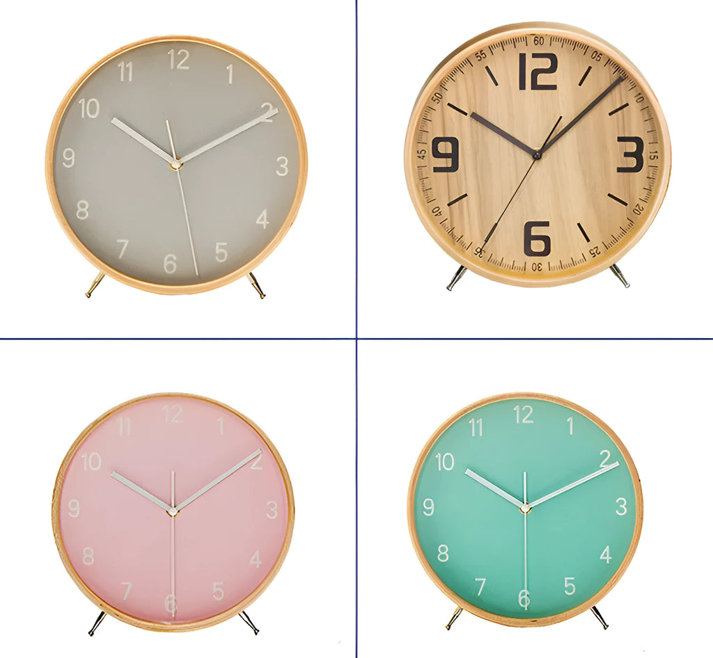 Round wood quartz table clock with sweep second movement, 22x24cm, available in four colours