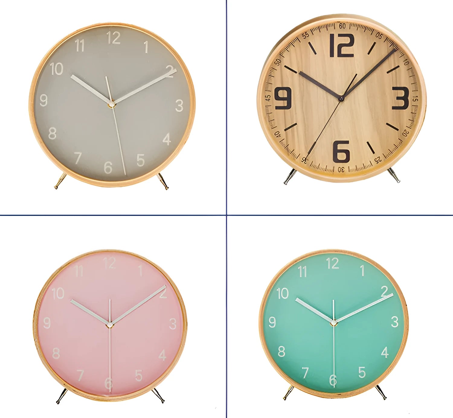 Round wood quartz table clock with sweep second movement, 22x24cm, available in four colours