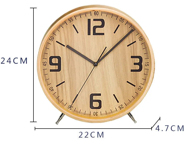 Round wood quartz table clock with sweep second movement, 22x24cm, available in four colours